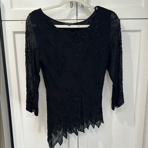 Vintage Elegant Black Beaded Women's Top Assymetrical waist